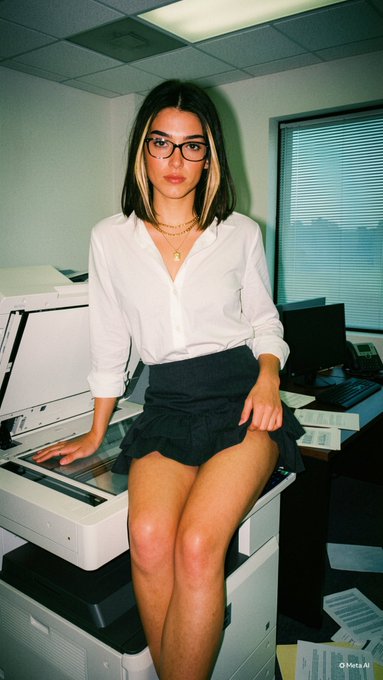 A woman in a crisp white shirt and charcoal skirt sitting on a photocopier in a dimly lit office, looking directly into the camera.