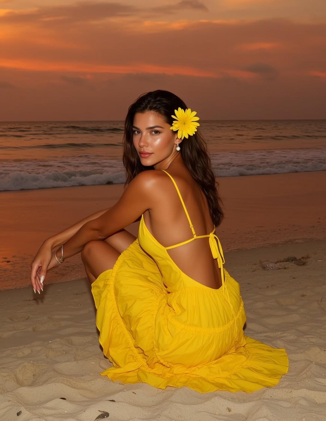 Yellow Dress Beach Sunset Crouch
