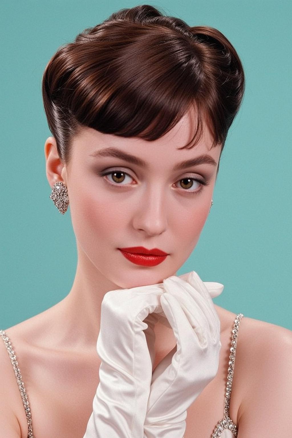 Elegant Studio Portrait White Satin Dress Diamond Earrings