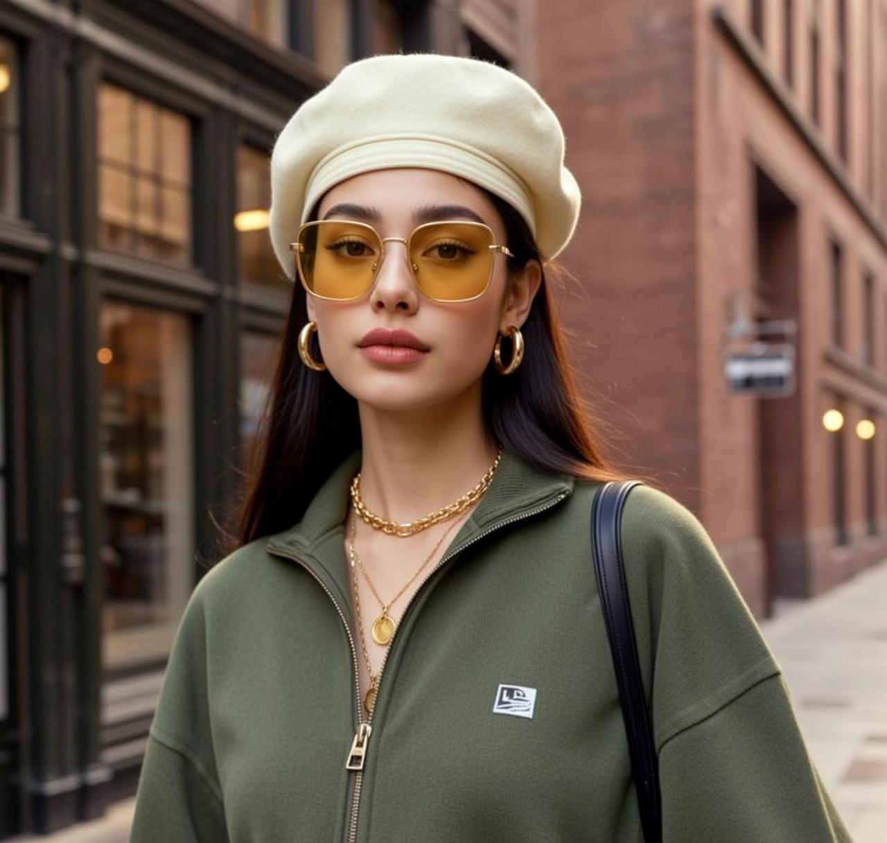 Green Jacket Beret on City Street