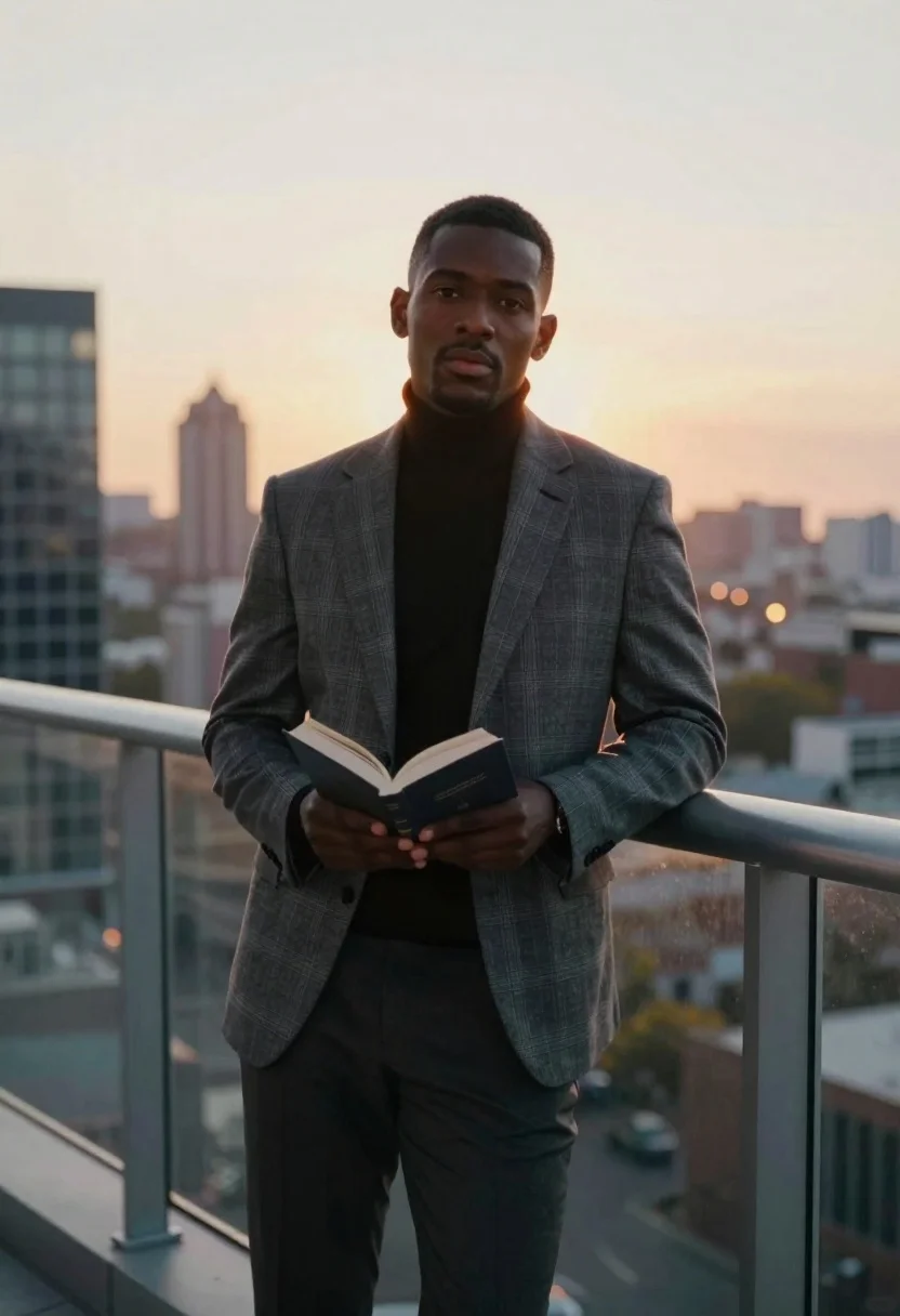 Medium And Scene Cinematic Portrait Man Standing Open-air Balcony Overlooking reference photo