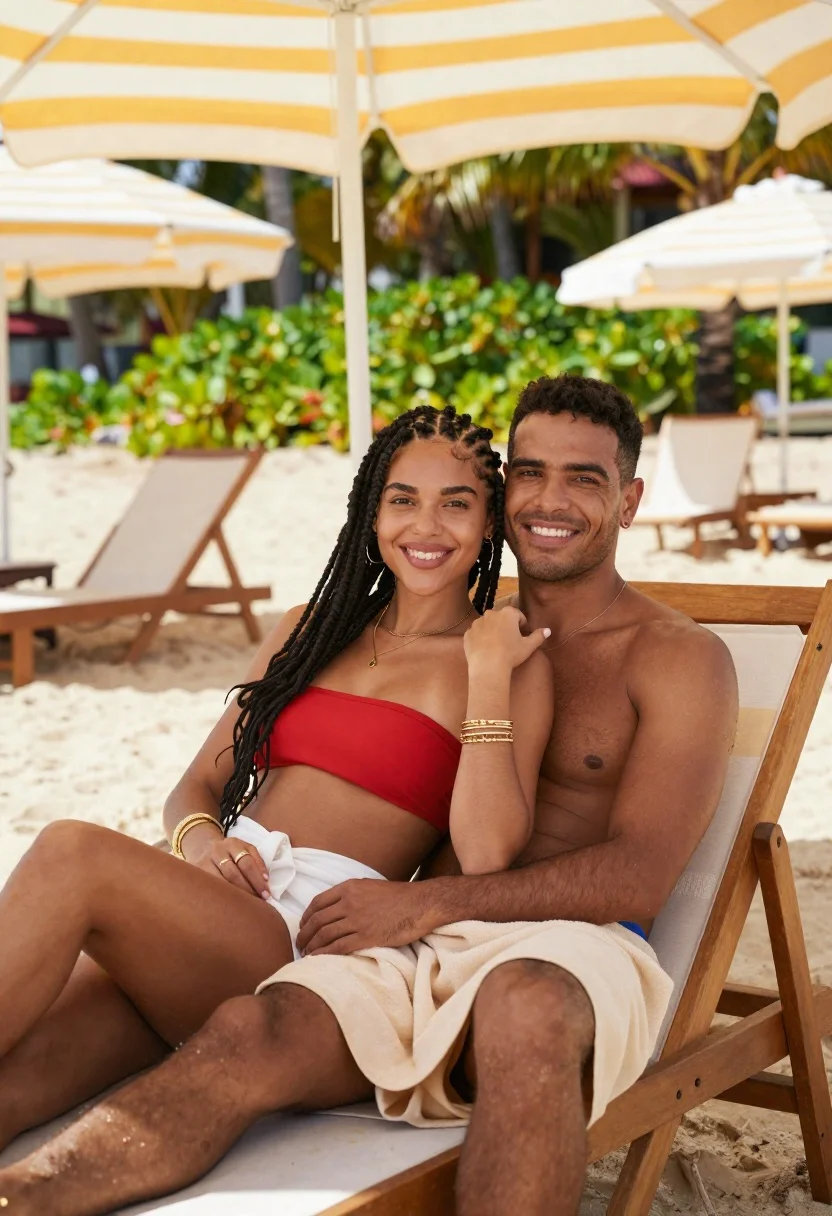 A smiling couple sitting together on a wooden lounge chair under a striped beach umbrella, with bright sunlight illuminating their joyful expressions.