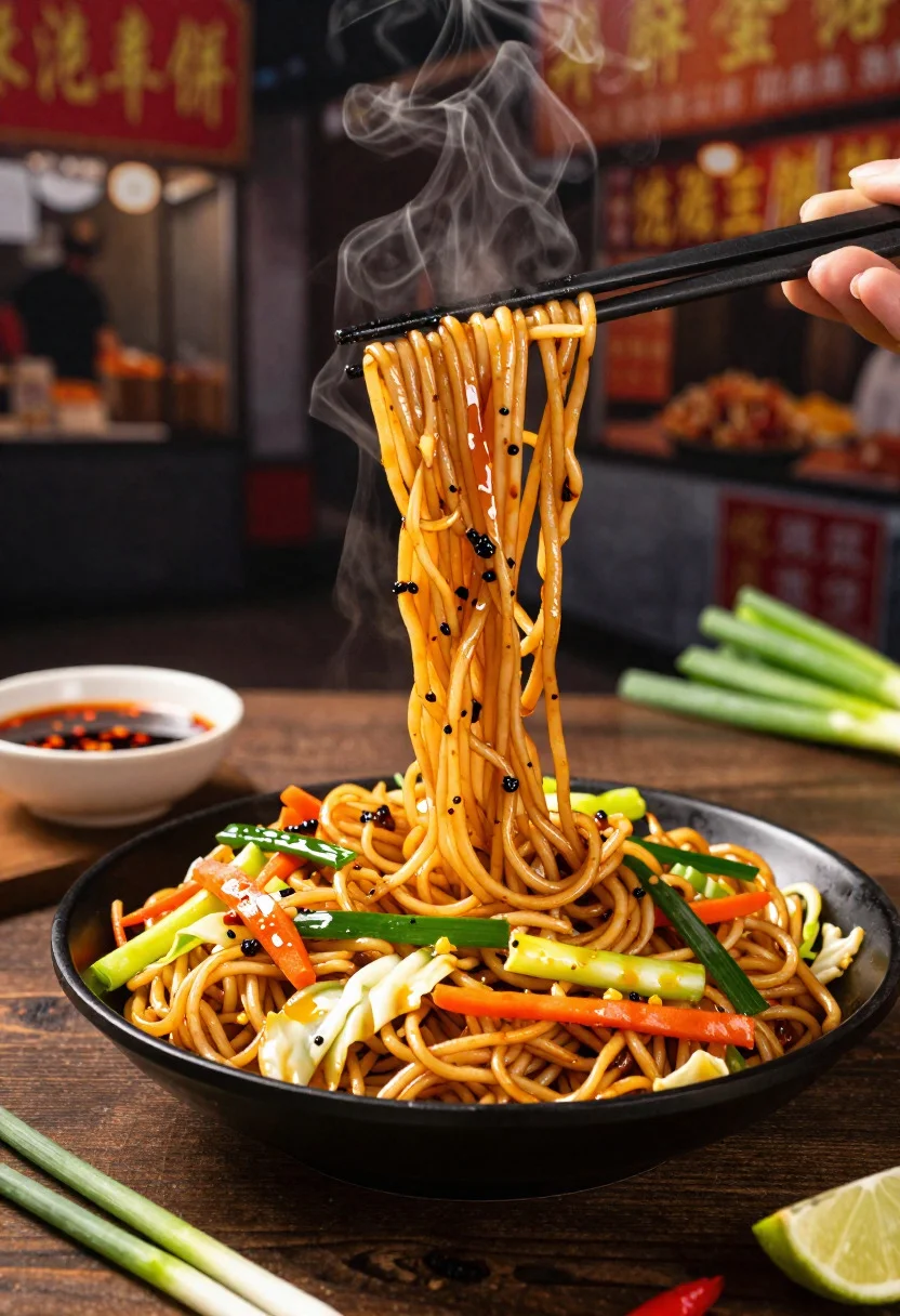 Food Photography Shot Sizzling Hakka Noodles With Vibrant Indo-chinese Street-food reference photo