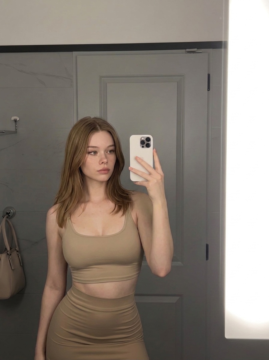 Stands In Bathroom Captured Chest Up In Mirror Reflection She