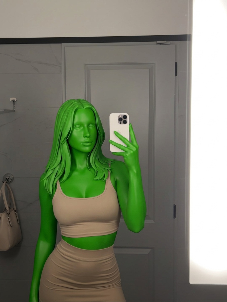 Template for Stands In Bathroom Captured Chest Up In Mirror Reflection She