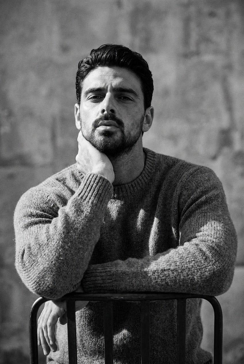 Ultra-realistic man portrait in warm woolen sweater, gazing confidently into the camera with soft lighting.
