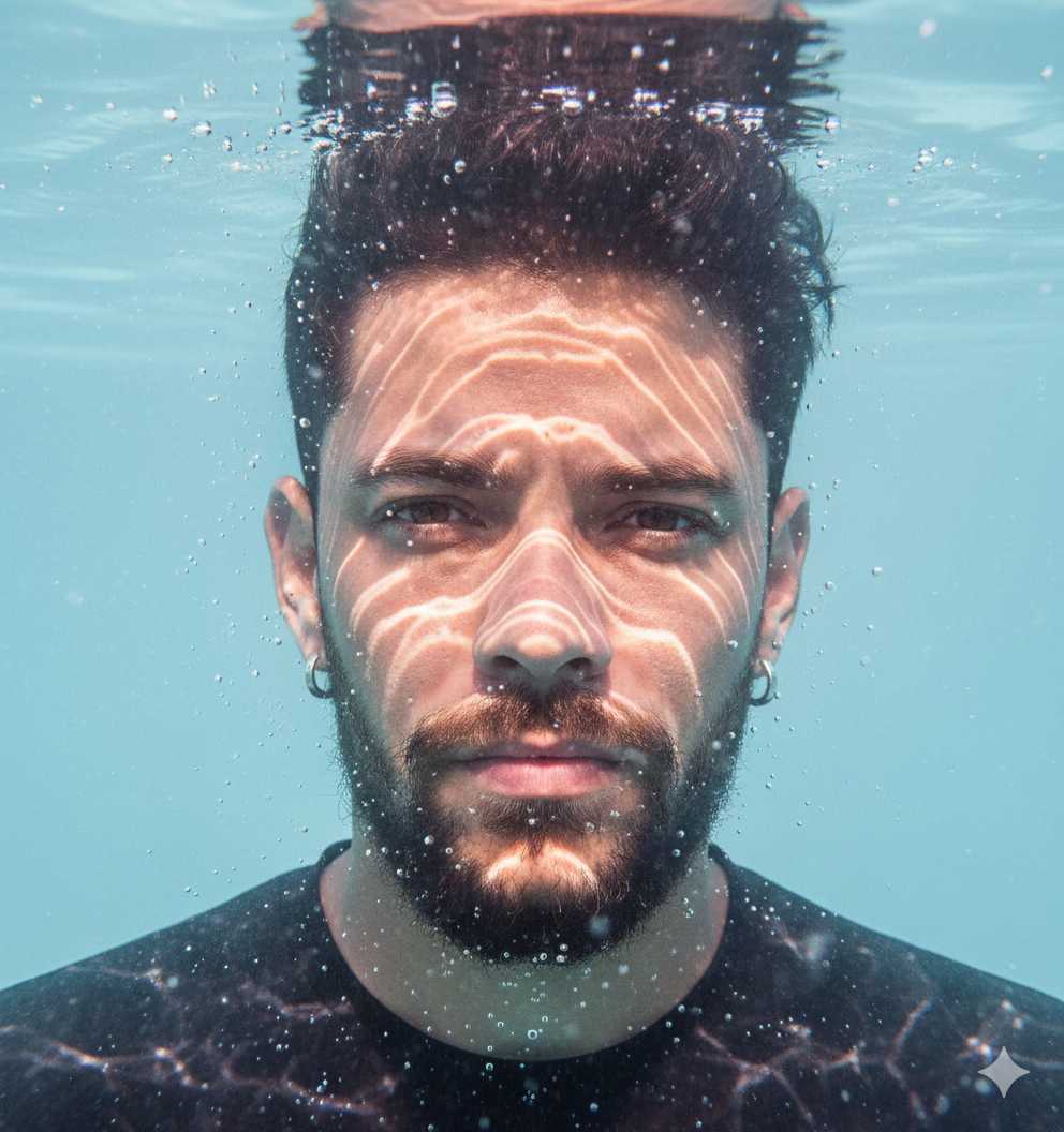 Close-up portrait of a person submerged in clear blue water, illuminated by bright sunlight creating shimmering patterns on their serene face.