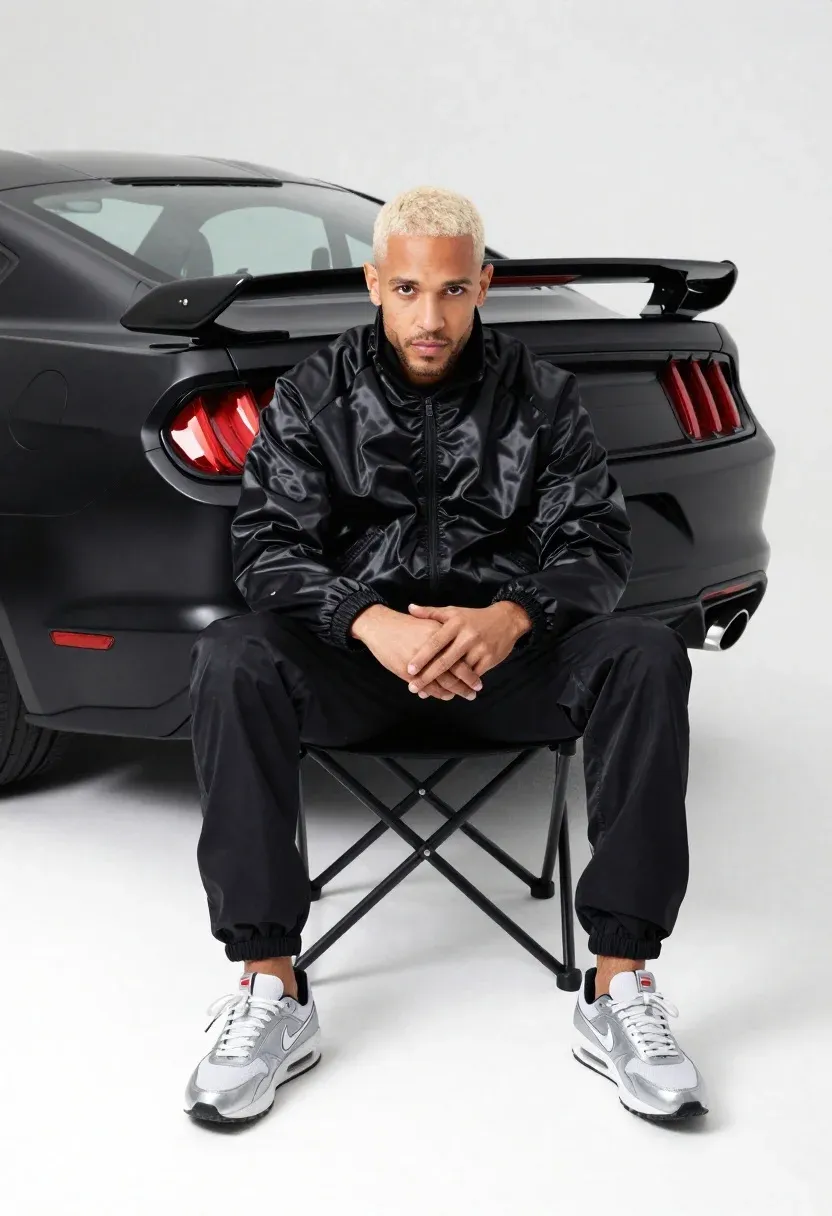 Man With Bleached Blonde Hair Sits Black Folding Chair Front