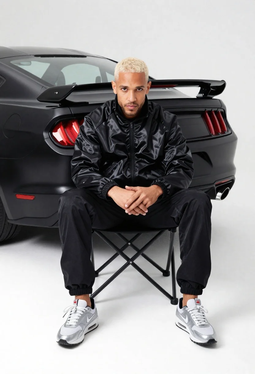 A man with bleached blonde hair sits on a black folding chair in front of a matte black sports car.