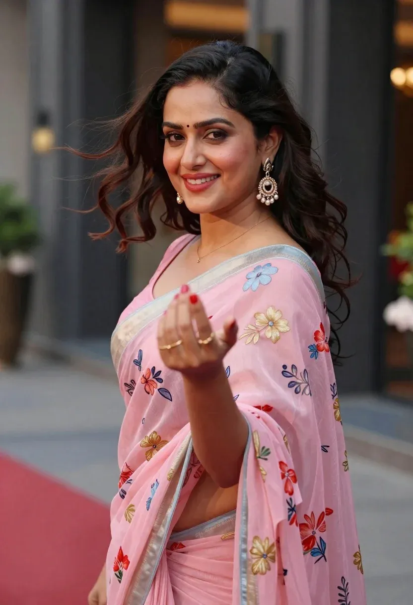 Woman Pink Floral Saree Smiles Warmly The Camera While Her