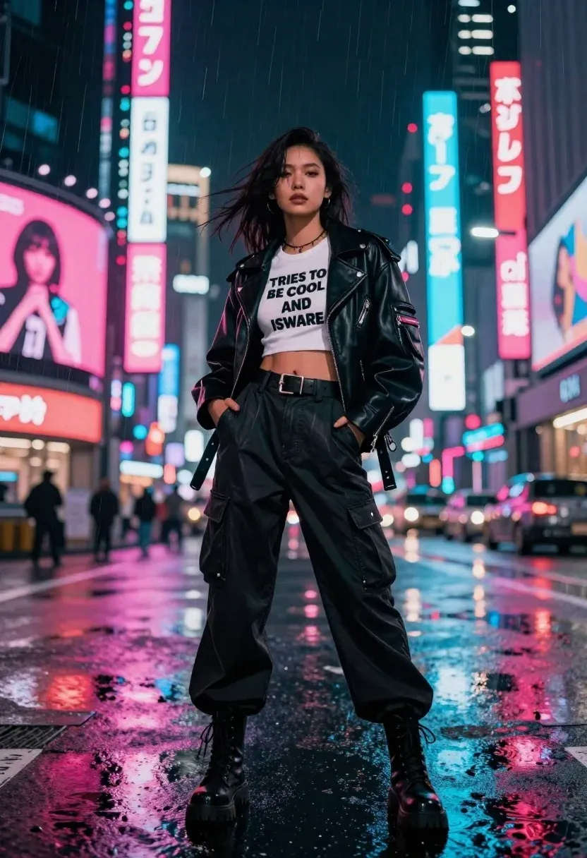 Confident Young Woman Standing Rain-slicked City Street Night Subject Stylish