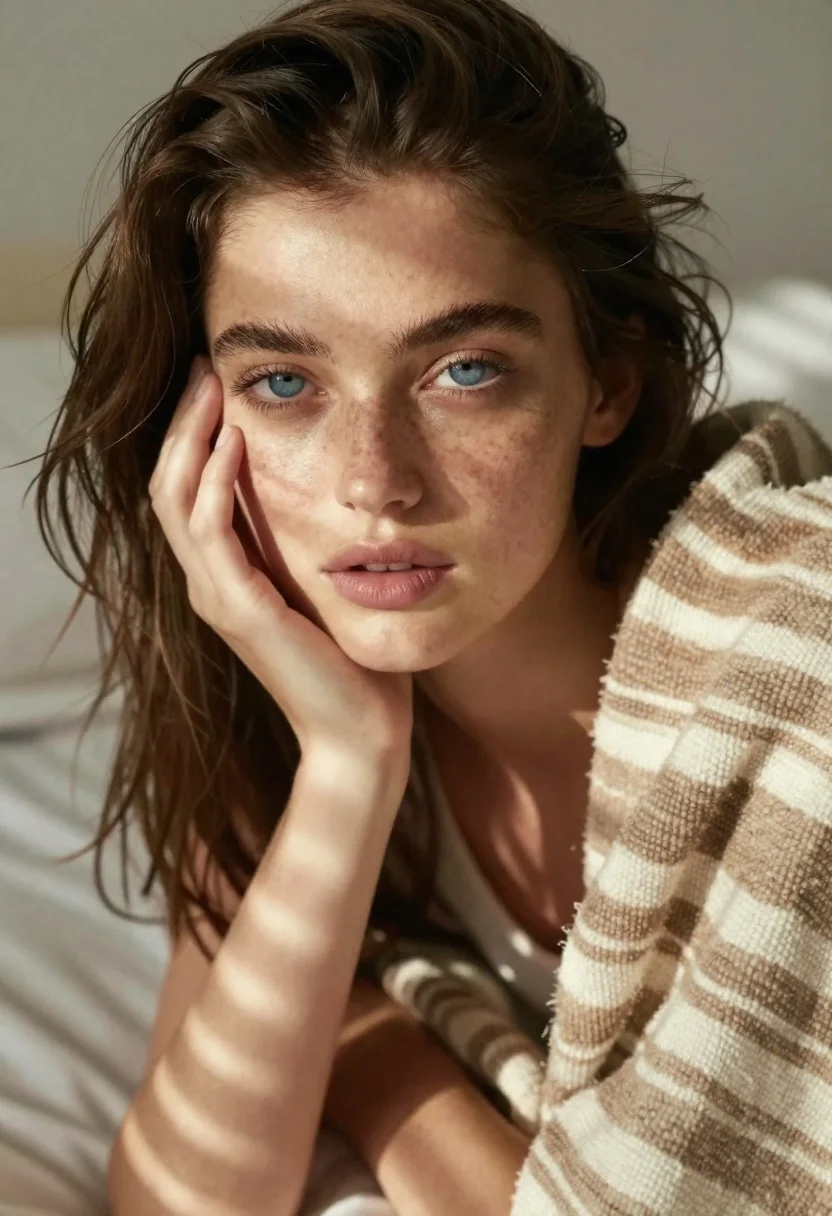 Close-up Portrait Young Woman With Striking Blue Eyes And Prominent reference photo
