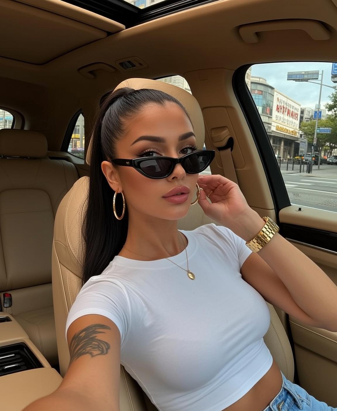 Woman In Car Sunglasses Gold Jewelry