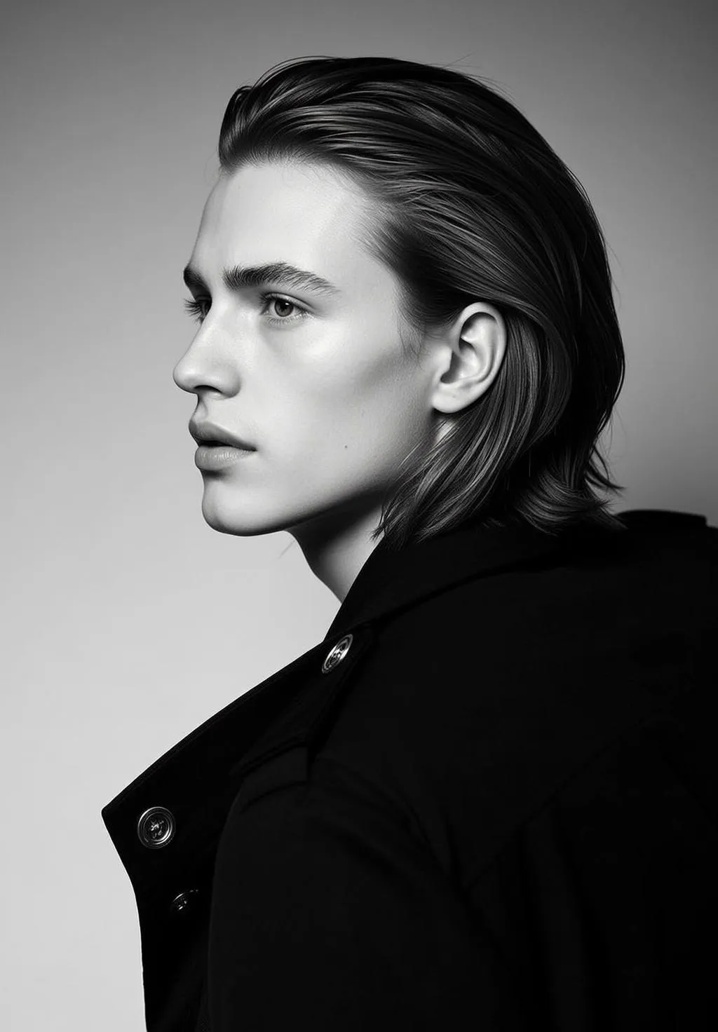 Photorealistic Black And White Medium Shot Portrait Young Man With