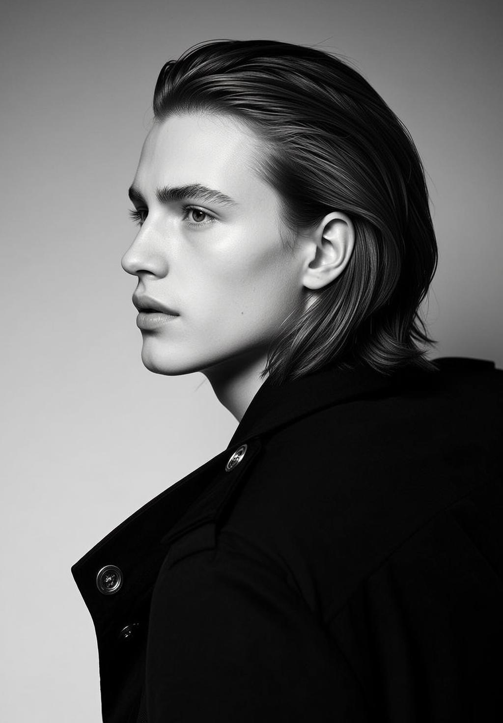 Photorealistic Black And White Medium Shot Portrait Young Man With