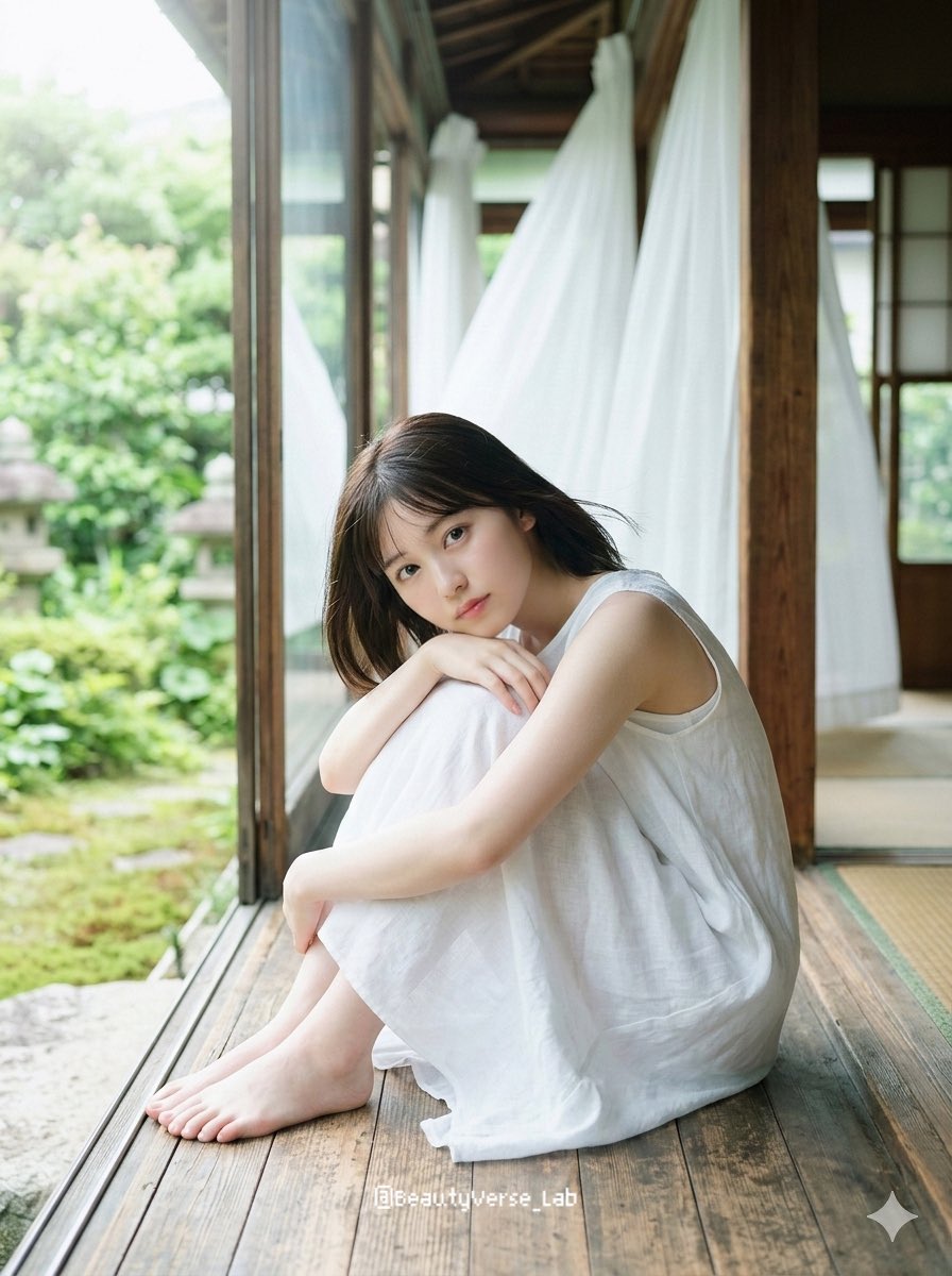 A serene young female idol sitting on a wooden engawa, hugging her knees, with a soft natural glow and translucent skin.