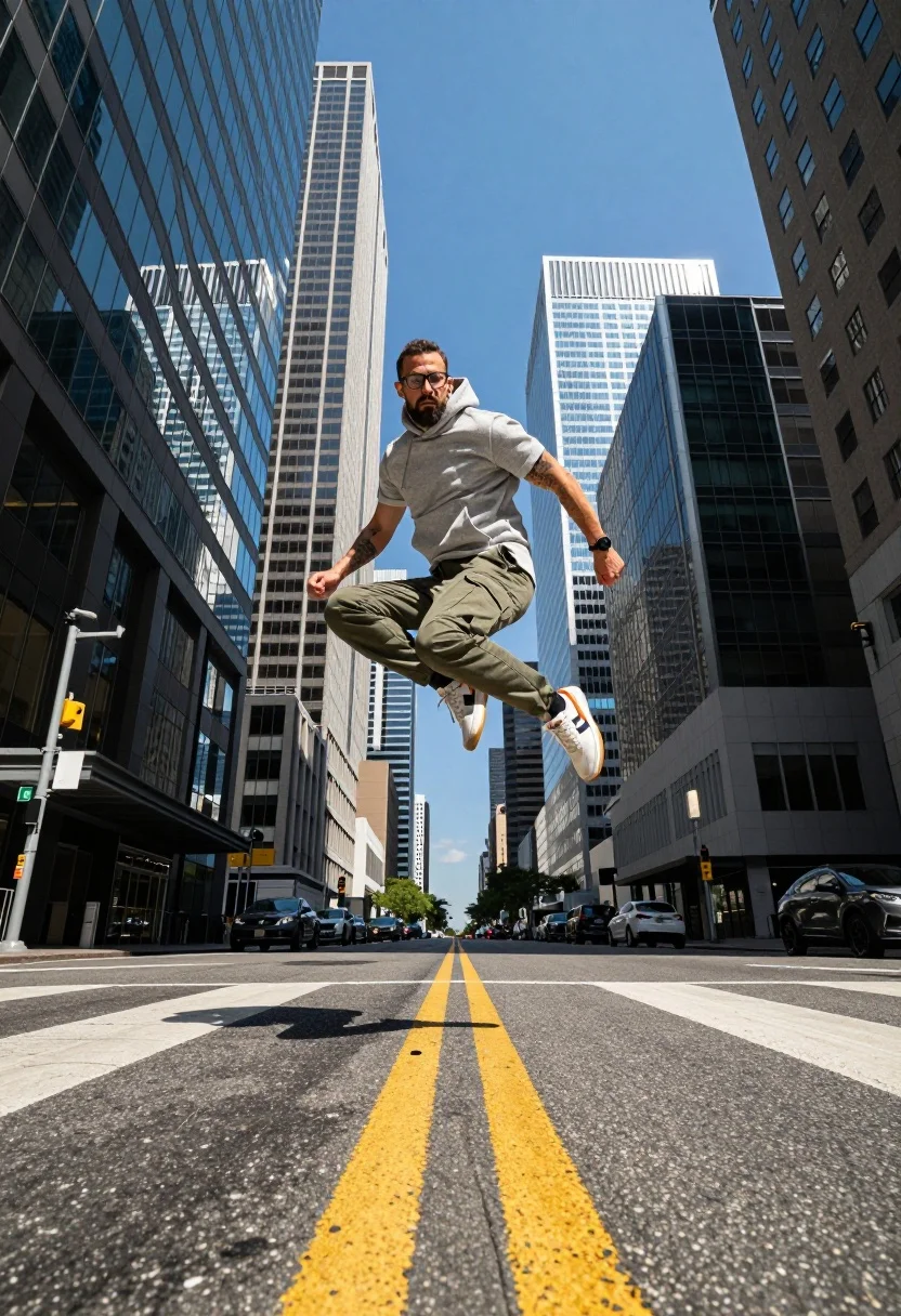 A man leaps high above a busy city street intersection, framed by towering skyscrapers under a bright blue sky.