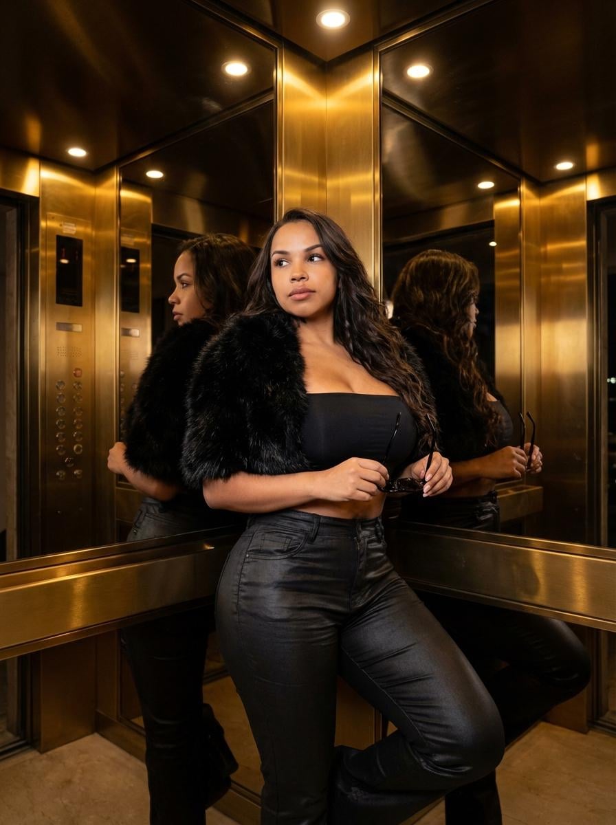 A woman in a black outfit poses elegantly in a luxurious elevator with gold mirrored walls, holding sunglasses.