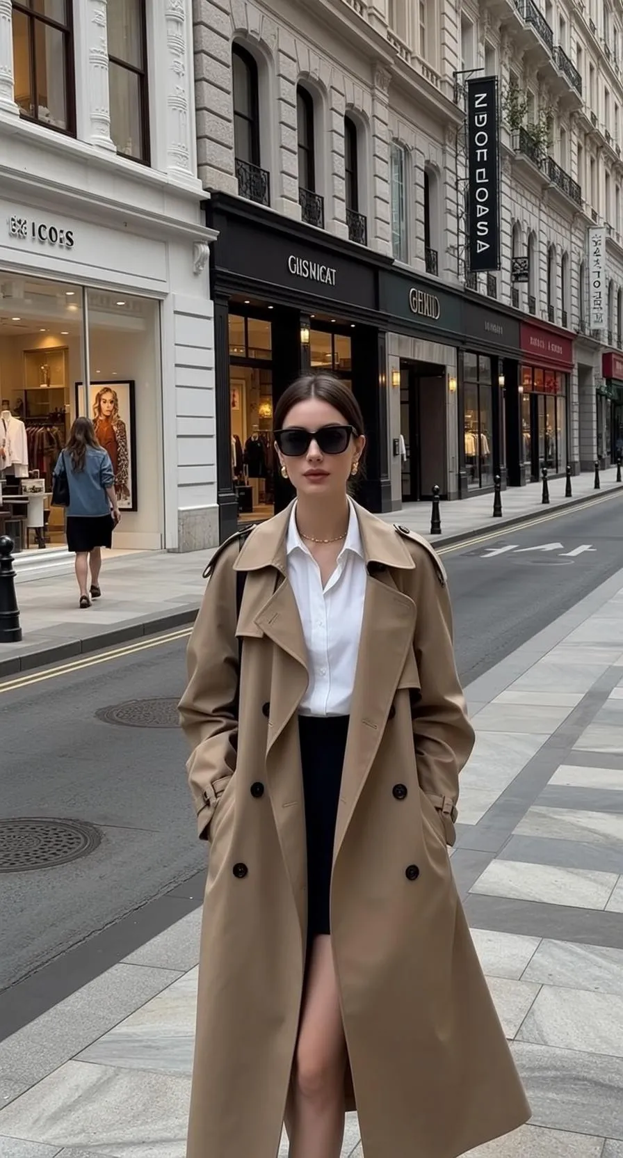 Sunglasses Earrings And Necklace In Trench Coat Portrait