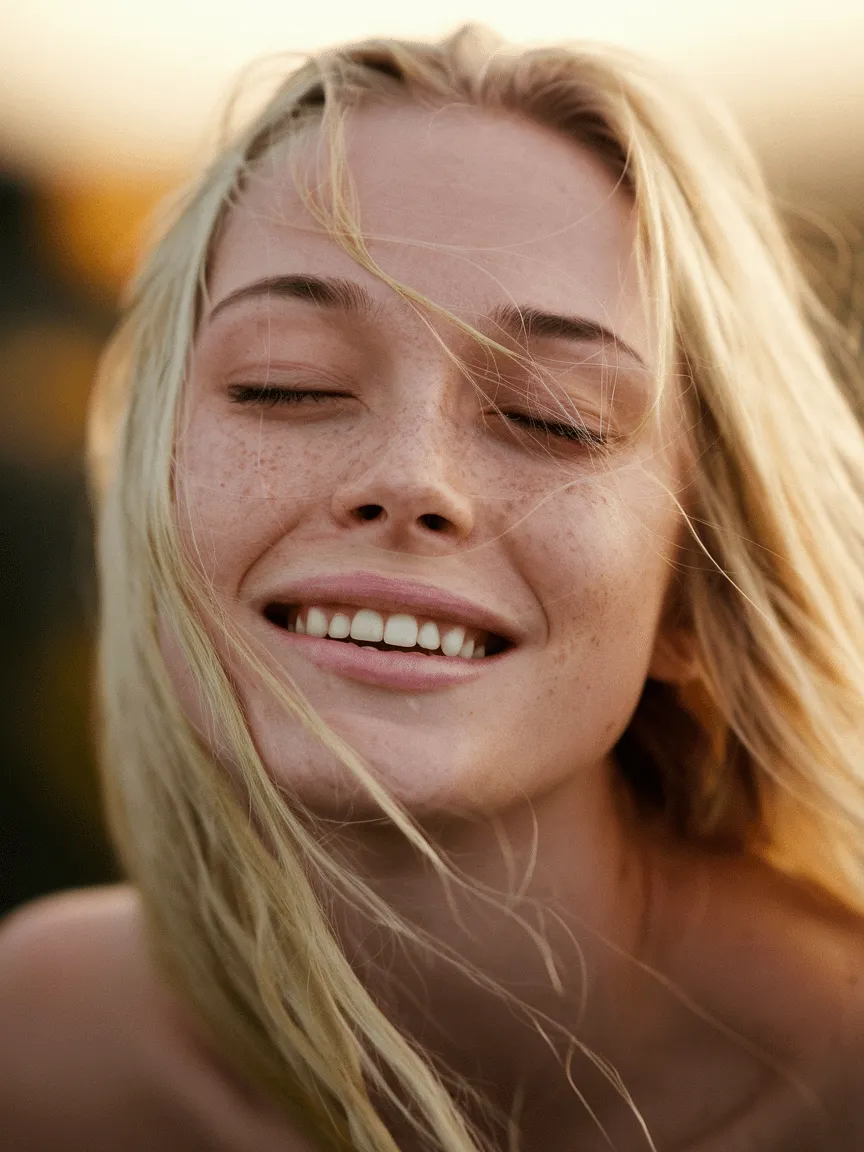 Golden Hour Portrait Woman Eyes Closed Smiling