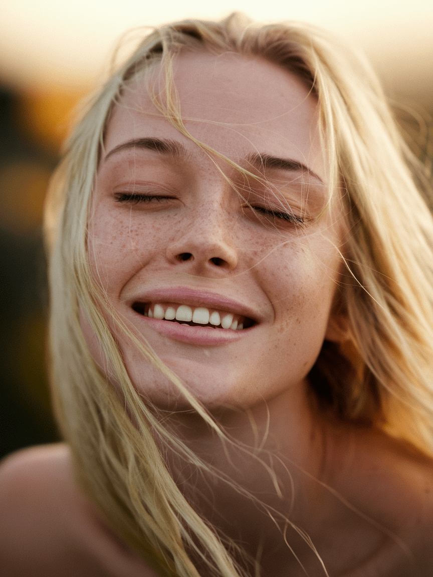 Golden Hour Portrait Woman Eyes Closed Smiling
