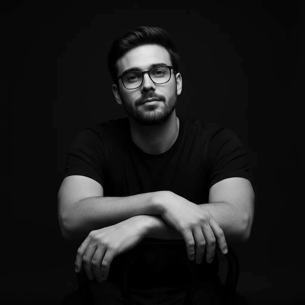 A realistic studio portrait of a person sitting on a black chair, with adjusted skin tone and background.