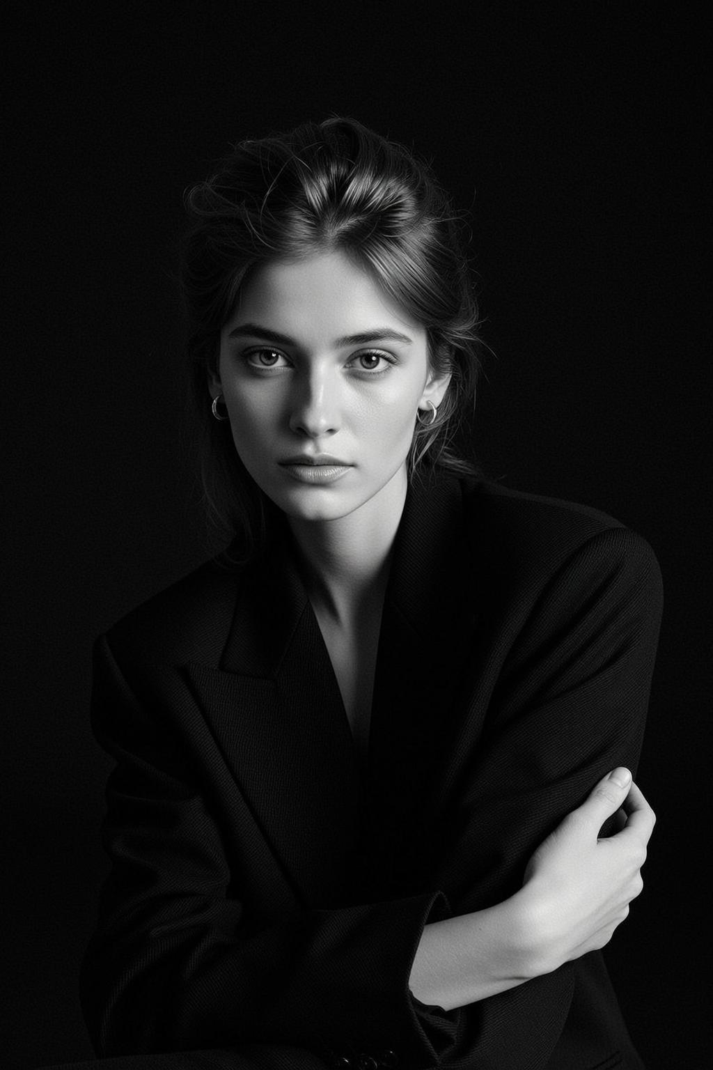 Photorealistic Black And White Medium Shot Portrait Young…