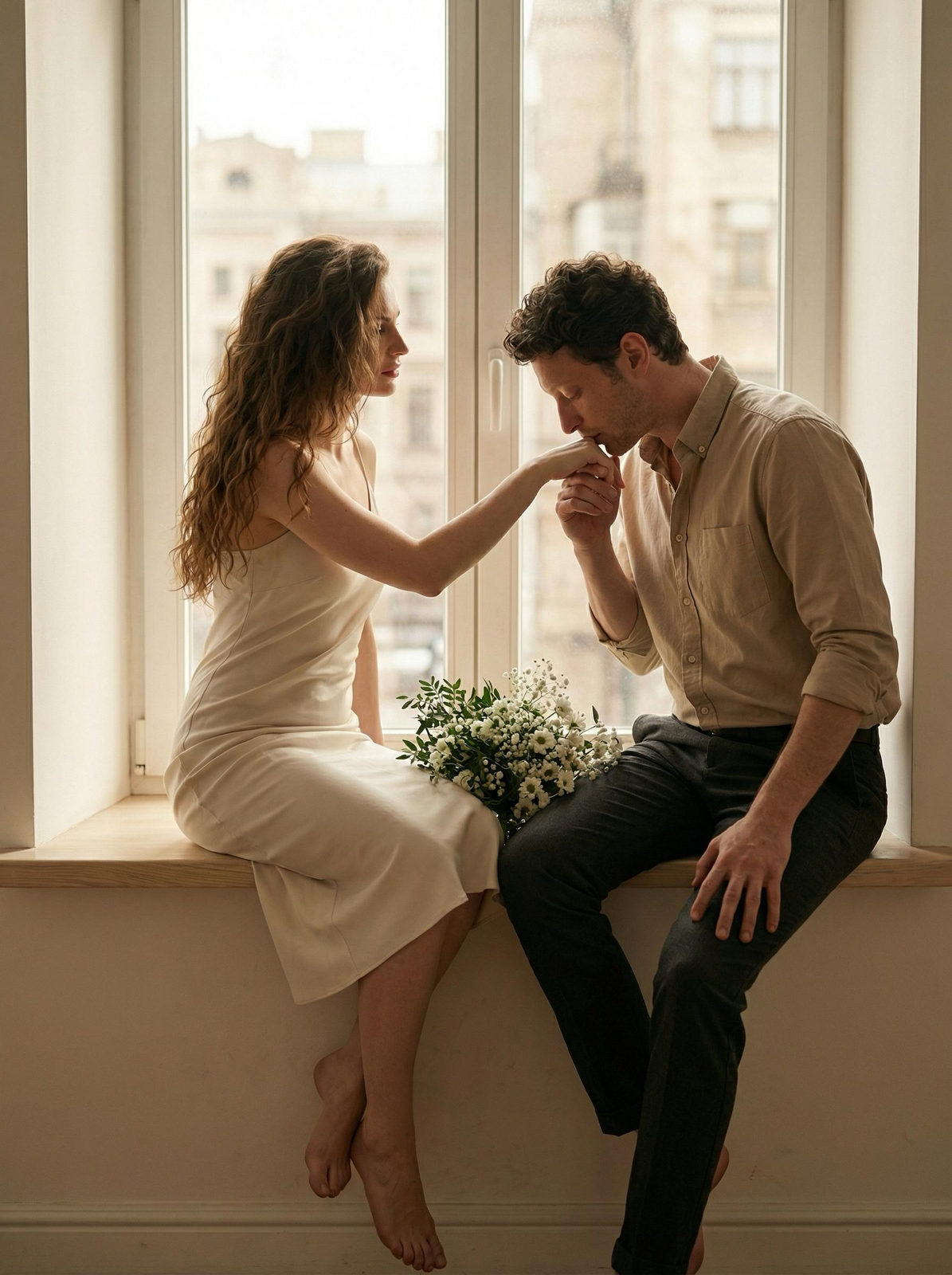 A romantic scene featuring a couple kissing on a windowsill, bathed in warm, soft light.