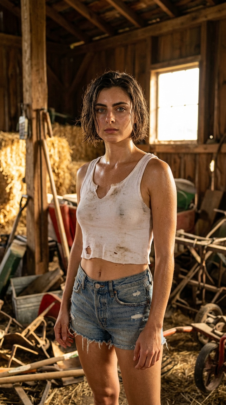 A woman with sweaty sun-kissed skin and tousled hair stands inside a rustic barn, bathed in warm sunset light.