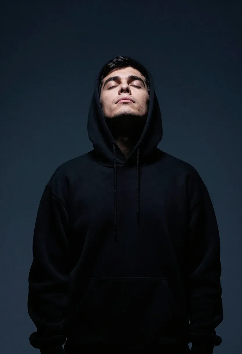 Portrait Man Black Hoodie With Eyes Closed And Head Tilted