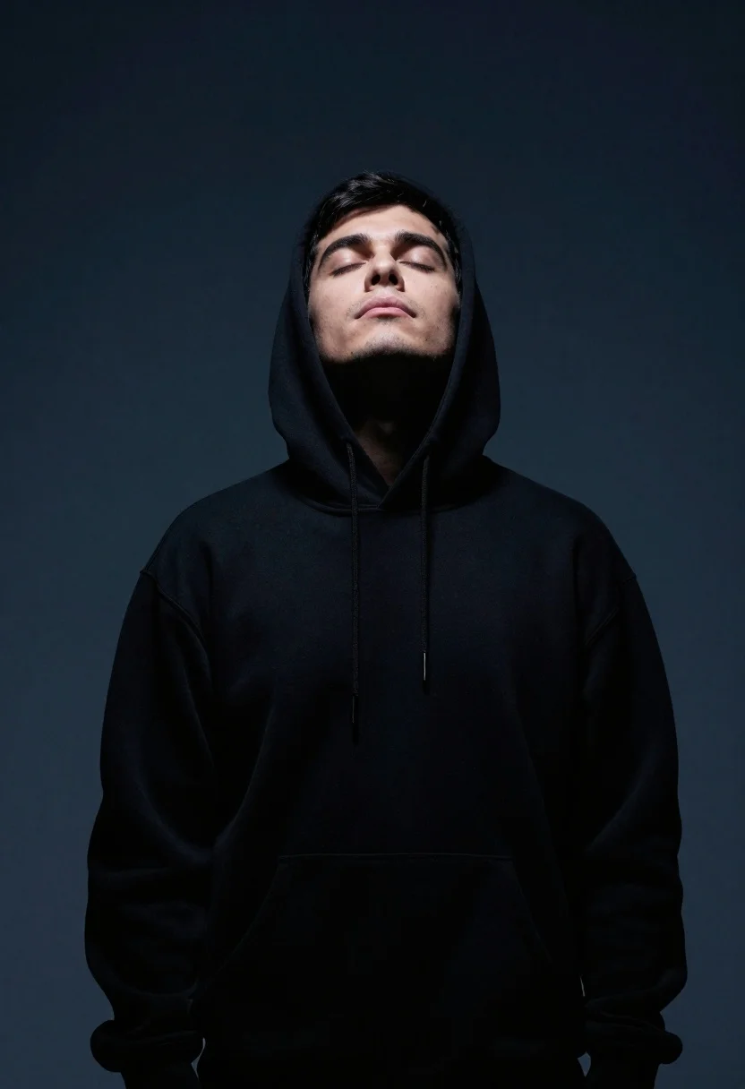 Portrait Man Black Hoodie With Eyes Closed And Head Tilted reference photo