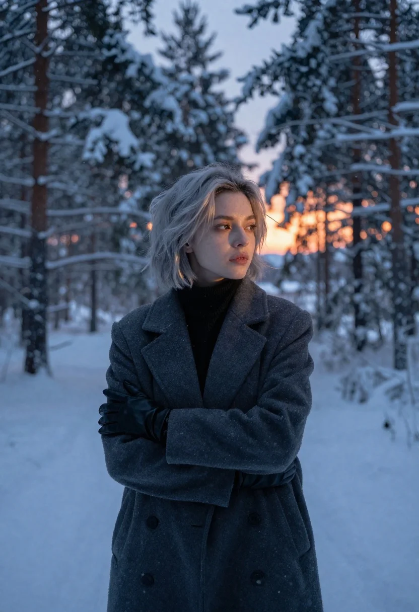 Young Woman With Short Silver Hair Stands Snowy Forest During
