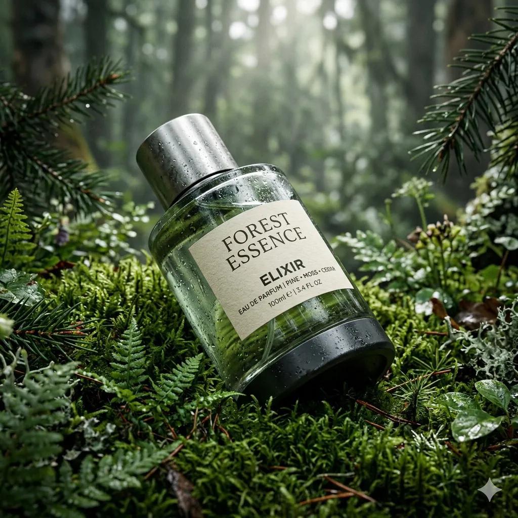 A realistic perfume bottle positioned on lush green moss, with dew droplets on the glass surface.