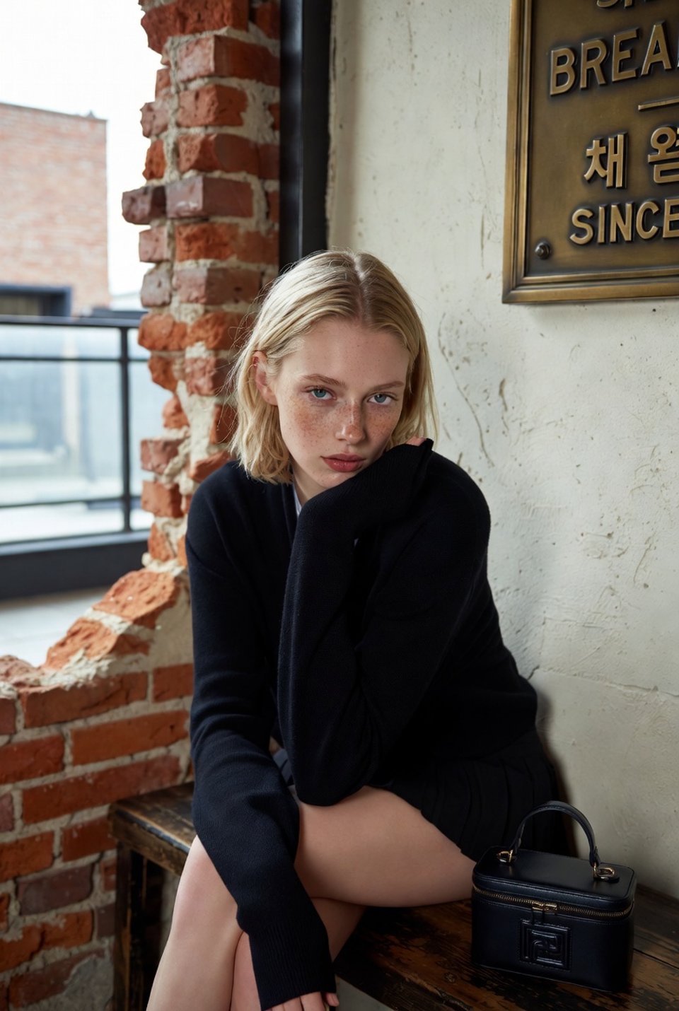 Realistic Indoor Cafe Portrait Black Sweater preview 1