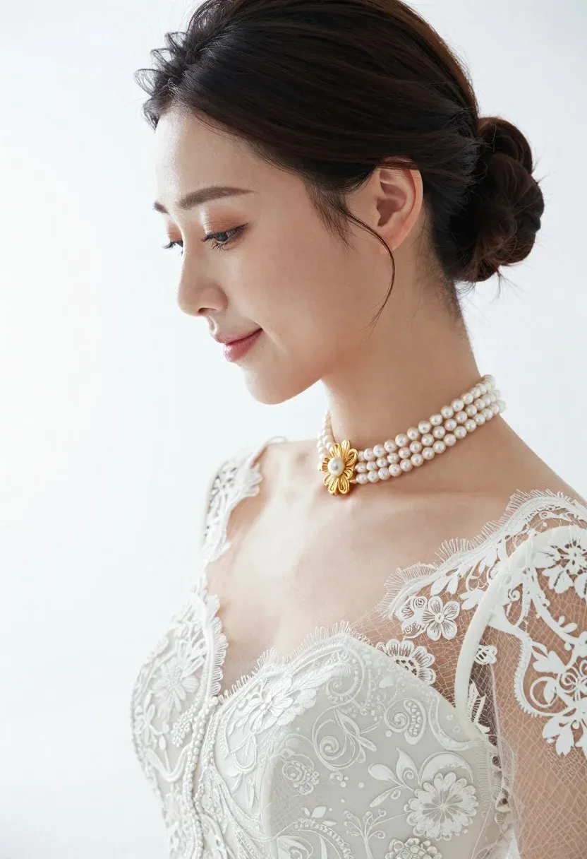 Woman Profile Wearing White Lace Wedding Dress And Pearl Necklace