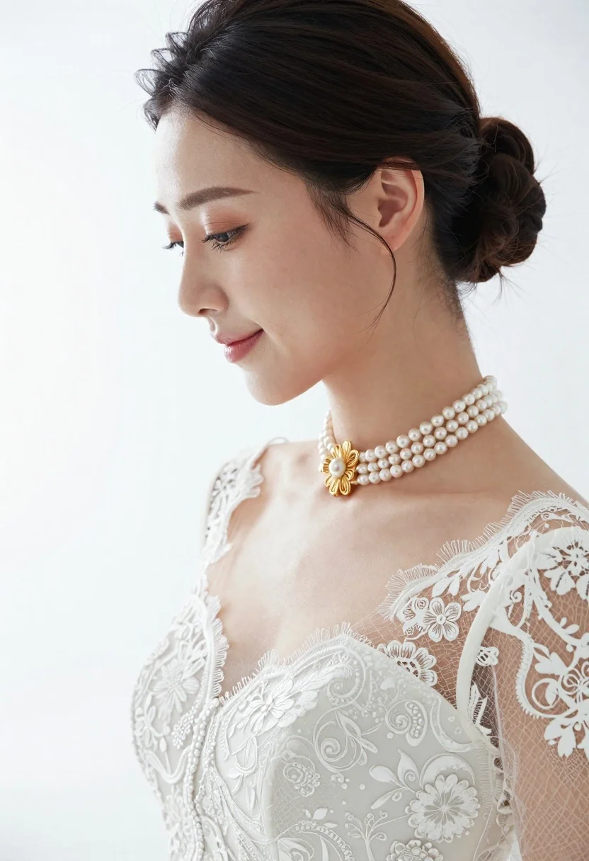 Woman Profile Wearing White Lace Wedding Dress And Pearl Necklace reference photo