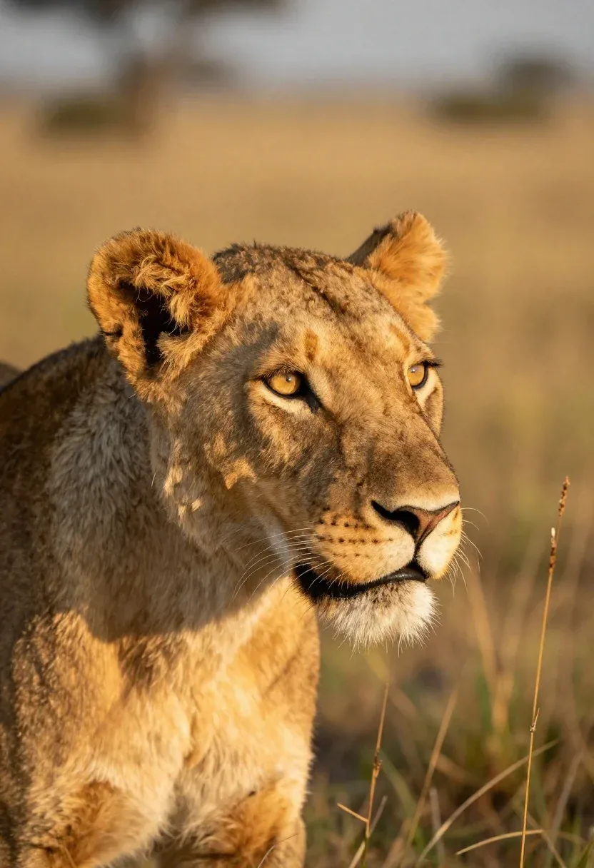 Close-up Portrait Young Lioness With Soft Golden-brown Fur And Amber
