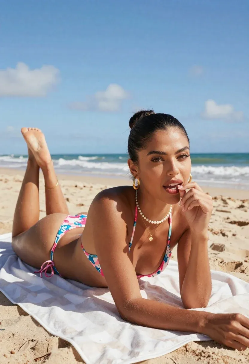 Young Woman With Tan Complexion Lies Her Stomach Beach Towel