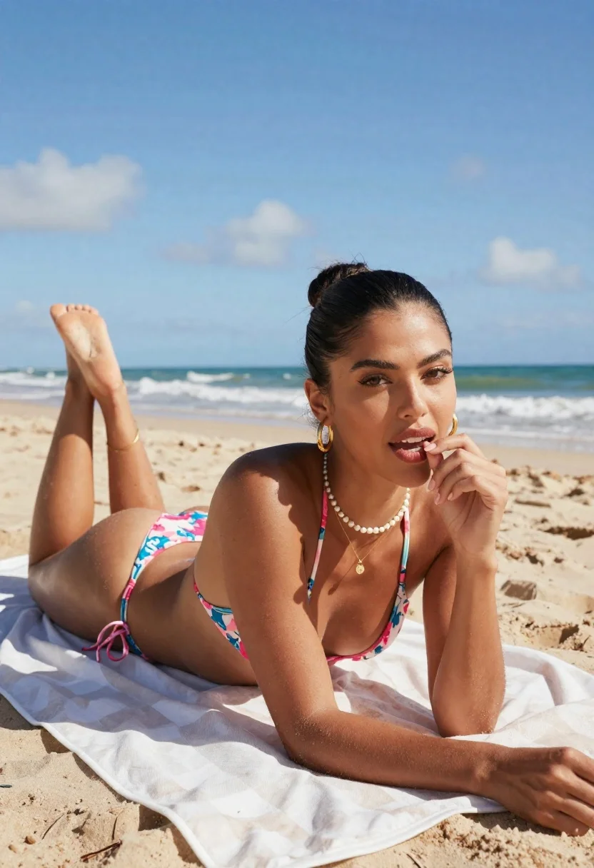 Young Woman With Tan Complexion Lies Her Stomach Beach Towel reference photo