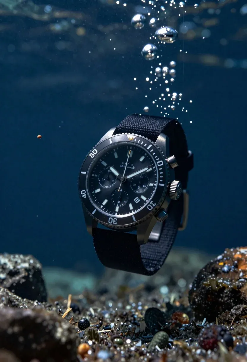 Black Chronograph Watch With Textured Fabric Strap Floats The Center