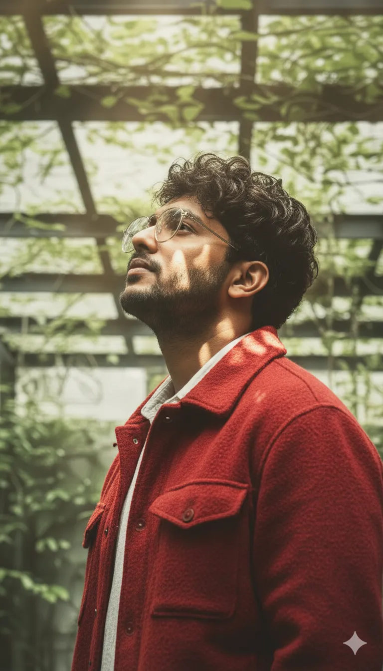 A man in a red wool knit jacket looking up, illuminated by sunlight, displaying a glass effect with soft bokeh background.