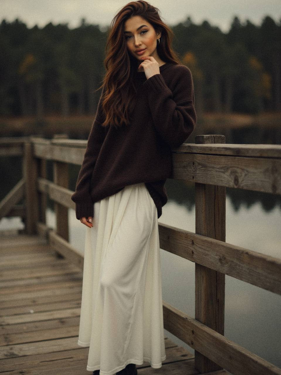 Ultra-detailed cinematic portrait of a woman on a rustic lakeside pier, with calm water and green forest backdrop under an overcast sky.