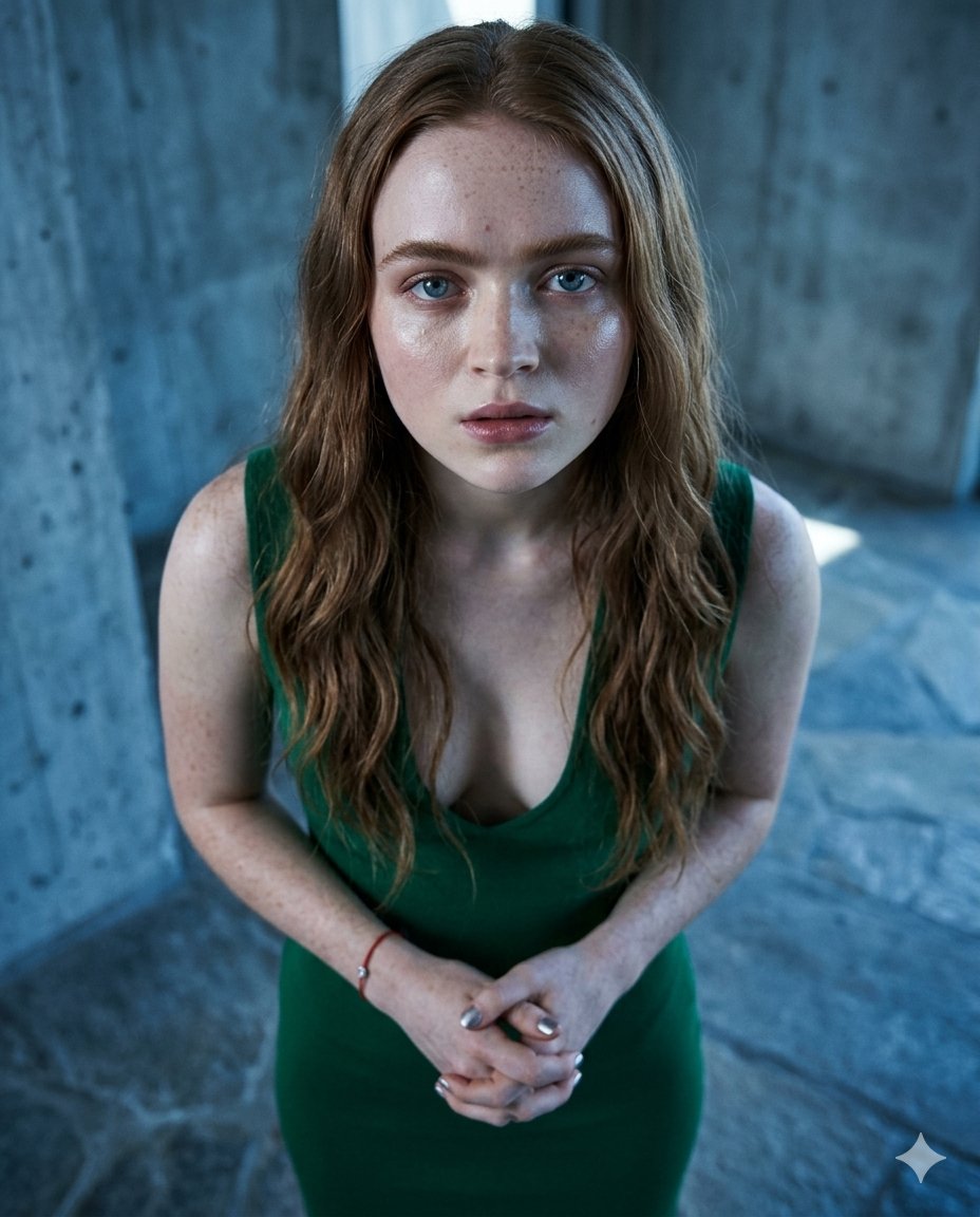 Green Dress High Angle Looking Up