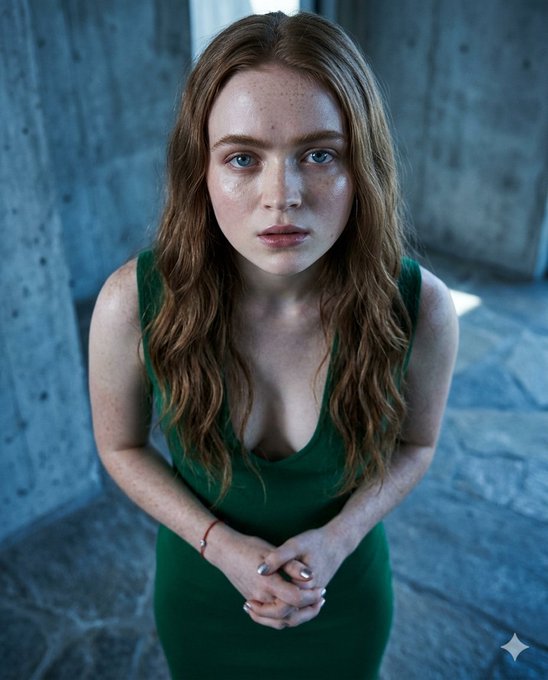 A woman in a deep green sleeveless dress looking up, with long copper hair and prominent freckles against a brutalist background.
