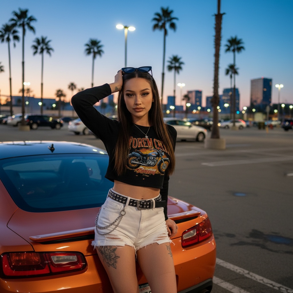 A young woman with long dark brown hair wearing a black crop top and white denim shorts, sitting on the trunk of an orange sports car at dusk.