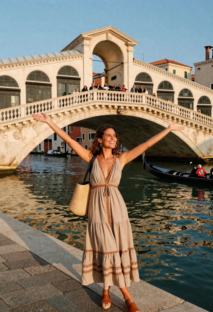 Majestic Venetian Canal Selfie Scene Exhilarated Tourist Woman Rialto Bridge reference photo