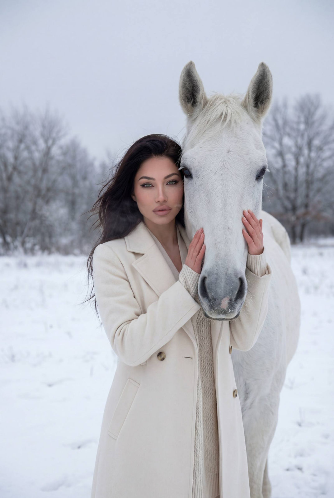A woman in an ivory coat stands beside a calm horse in a tranquil winter setting, with snow-covered ground and bare frosted trees.