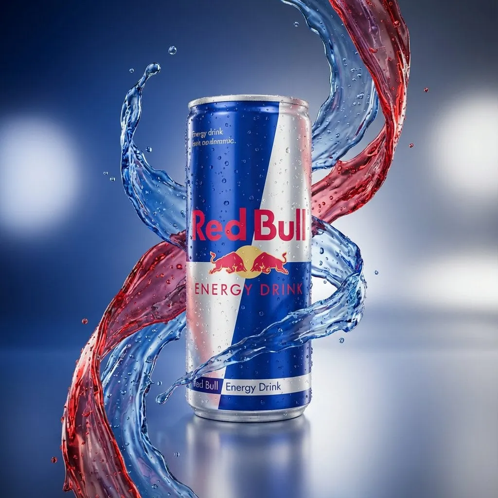 Red Bull Can Liquid Splashes Studio Shot