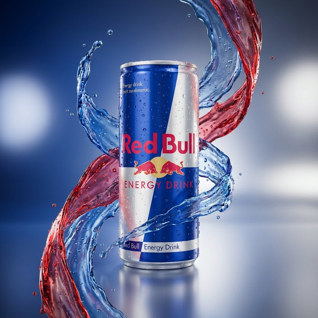 Red Bull Can Liquid Splashes Studio Shot