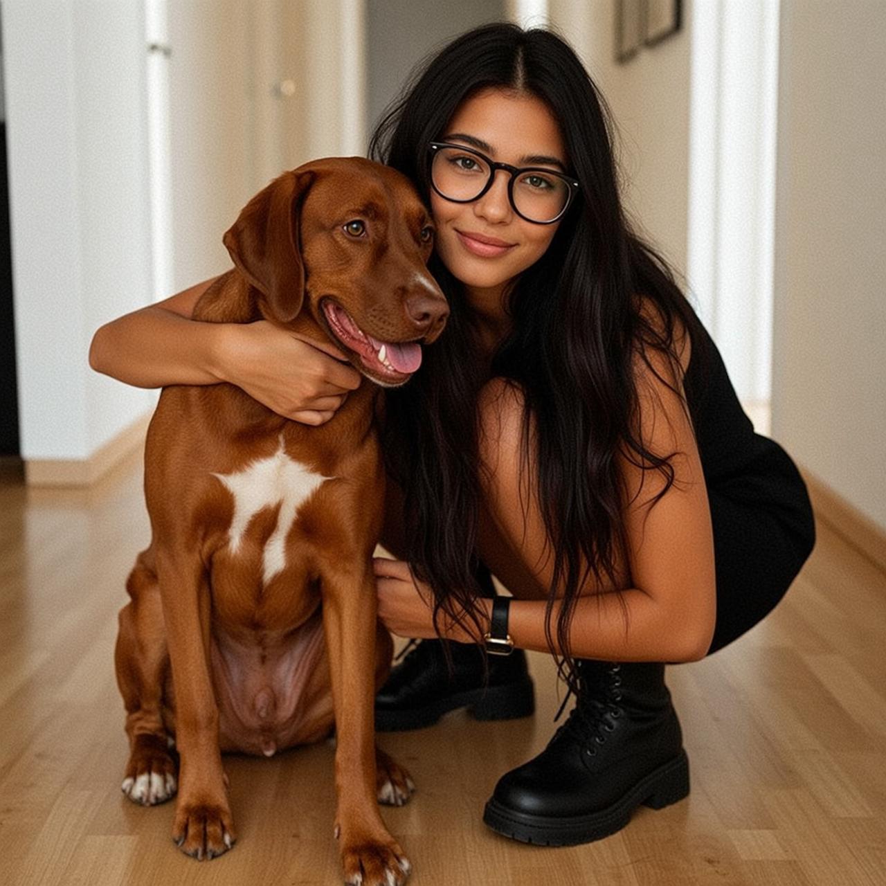 Explore Crouching Embracing Brown Dog Her Arms